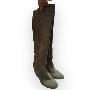 8.5 Gianni Bini Sage Green Suede Knee High Boots with Wedge Heel and Braid